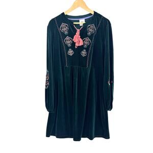 Vivi by Violet Weekend Velvet Embroidered Boho Peasant Dress Tassel Top Size XL